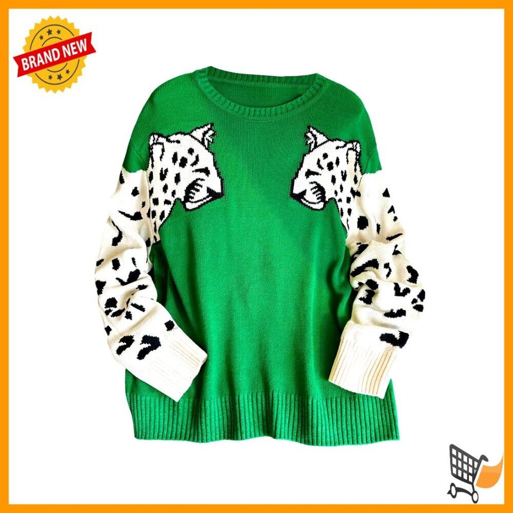 Plus Size Leopard Pullover Sweater Trendy Fall Colorblock Knit Top Oversized